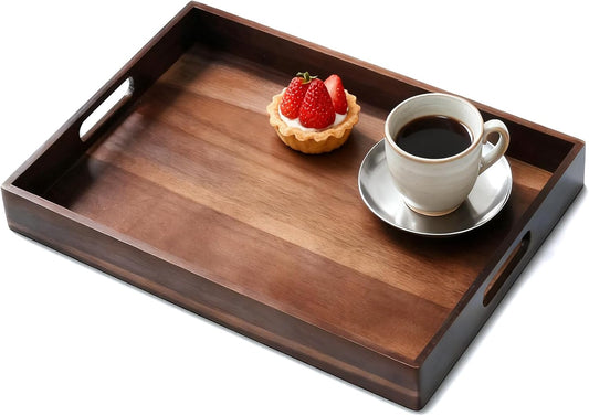 Acacia Wood Serving Tray with Handles, 17 Inch Wooden Tray for Ottoman, Breakfast, Lunch, Dinner, Decorative V1258-DP02-C-597