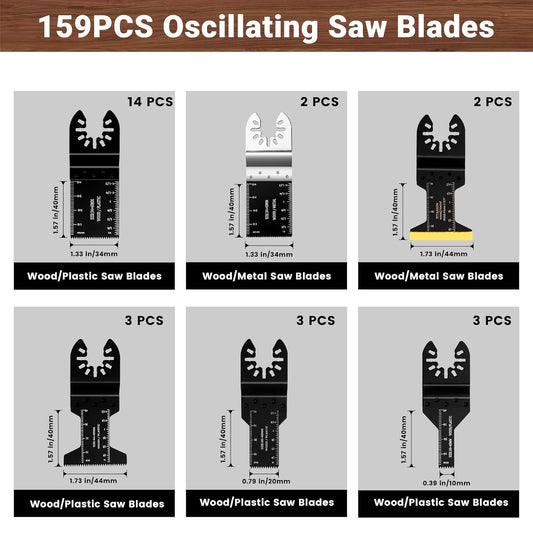 159 PCS Oscillating Saw Blades with Sandpaper, Universal Titanium Multitool Blades for Wood/Plastics/Metal, V1258-DP02-C-609