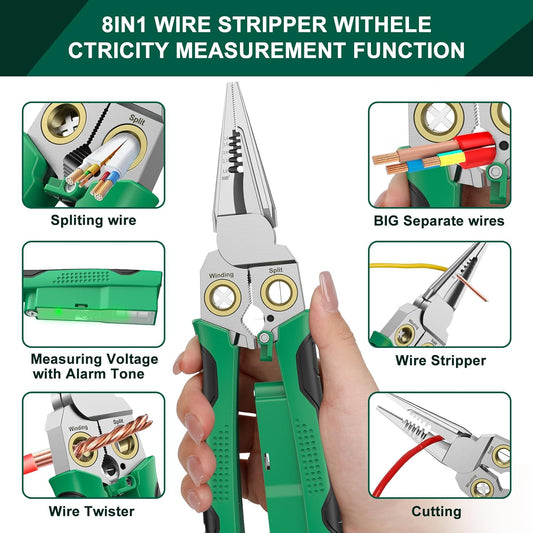 Pro 8-in-1 Wire Stripper/Cutter with Voltage Tester & Dual Alarms - Heavy Duty 12-250V AC/DC Electrical V1258-DP02-C-626