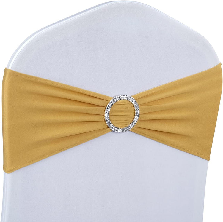 Gold Spandex Chair Sashes - 30pc Premium Stretch Chair Bows with Sliders for Wedding Party Banquet Decoration V1258-DP02-C-629
