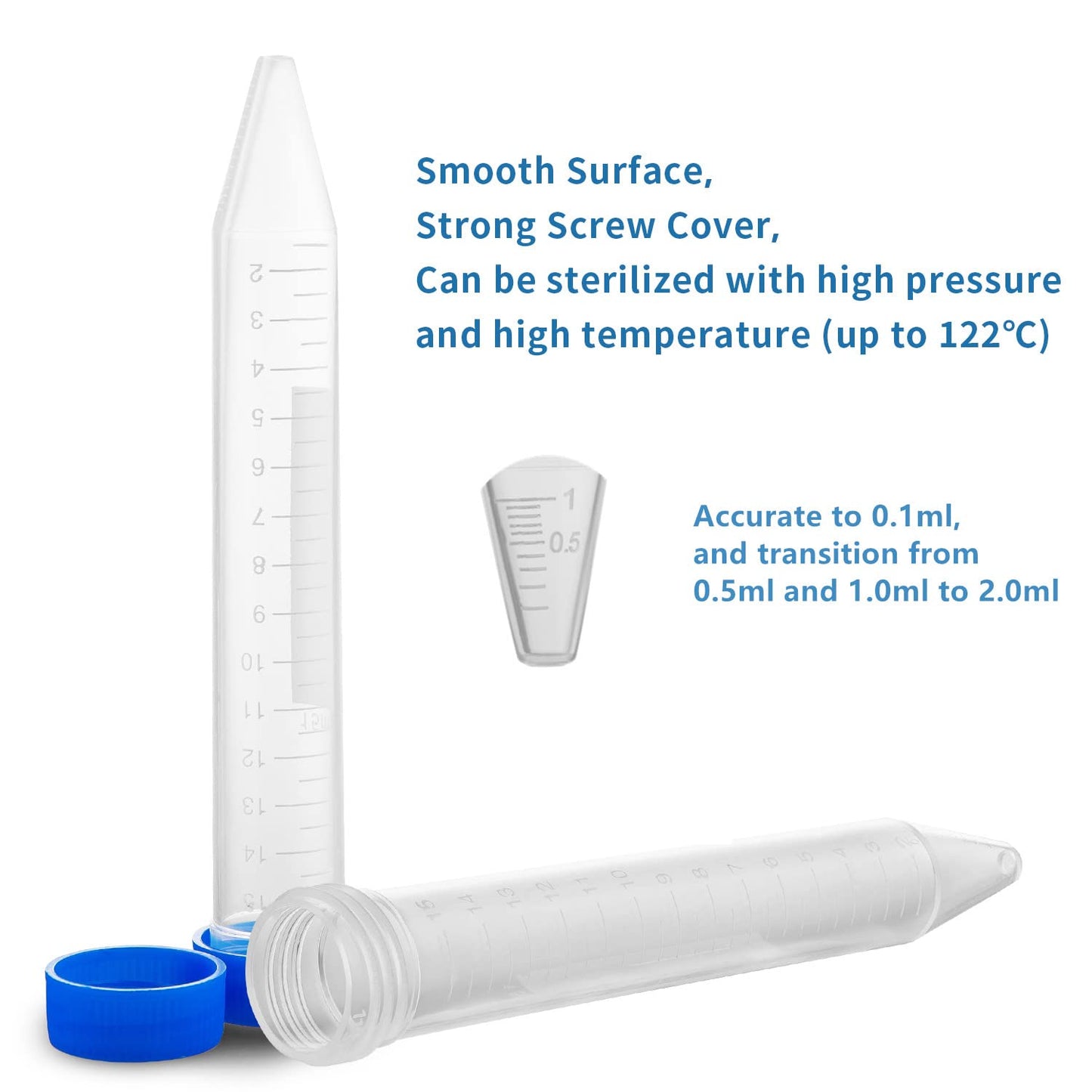 Ackers Conical Centrifuge Tubes 15mL, 100 Pcs Sterile Plastic Test Tubes with Screw Caps, Polypropylene V1258-DP02-C-65