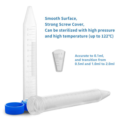 Ackers Conical Centrifuge Tubes 15mL, 100 Pcs Sterile Plastic Test Tubes with Screw Caps, Polypropylene V1258-DP02-C-65