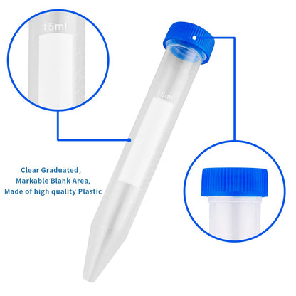 Ackers Conical Centrifuge Tubes 15mL, 100 Pcs Sterile Plastic Test Tubes with Screw Caps, Polypropylene V1258-DP02-C-65