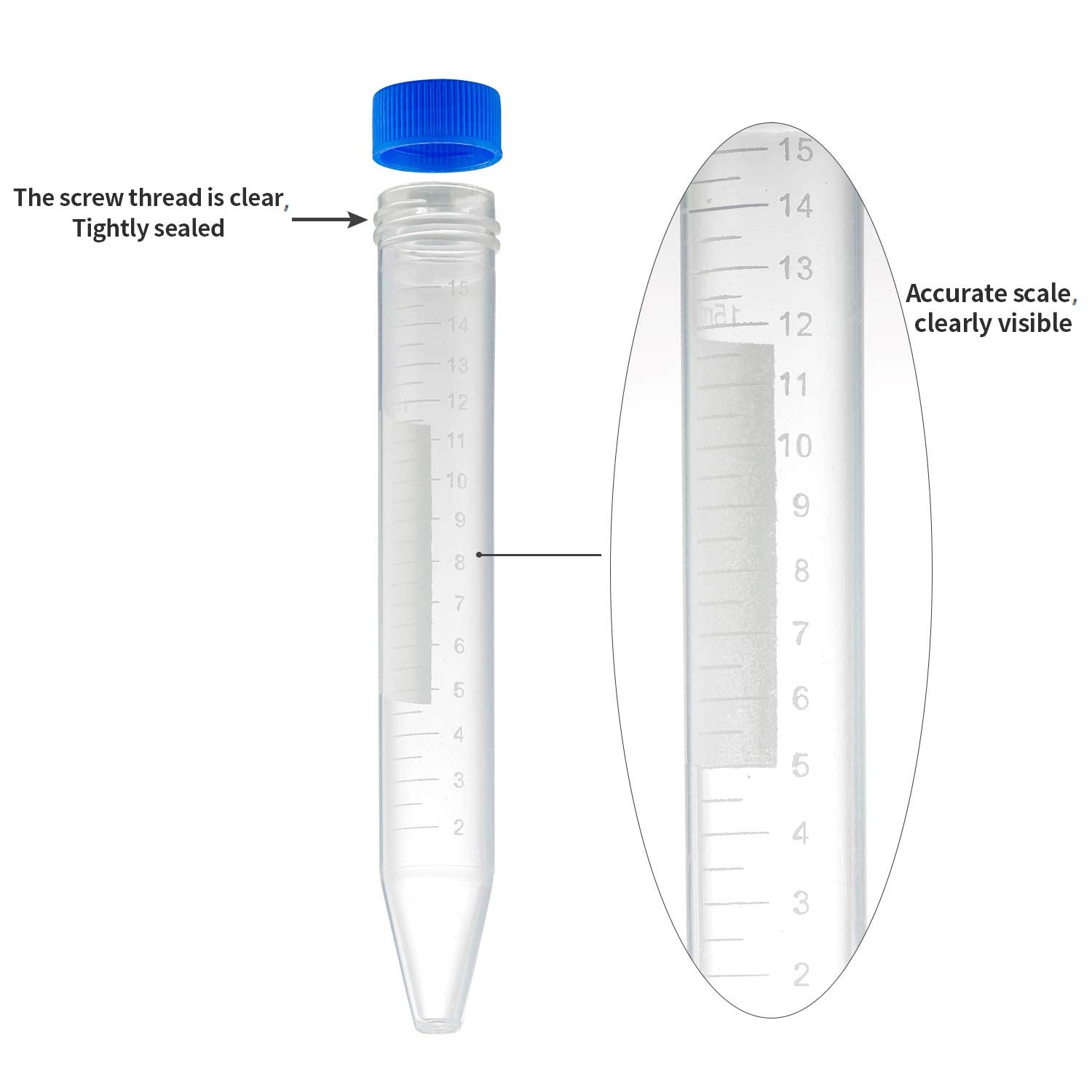 Ackers Conical Centrifuge Tubes 15mL, 100 Pcs Sterile Plastic Test Tubes with Screw Caps, Polypropylene V1258-DP02-C-65