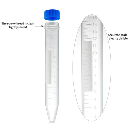 Ackers Conical Centrifuge Tubes 15mL, 100 Pcs Sterile Plastic Test Tubes with Screw Caps, Polypropylene V1258-DP02-C-65