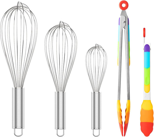 304 Stainless Steel Whisk Set & Rainbow Tongs Set, 3 Pack Metal Whisks and Silicone Tongs for Kitchen Cooking V1258-DP02-C-652