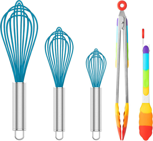 Silicone Whisk & Rainbow Kitchen Tongs Set, 304 Stainless Steel Tongs with Silicone Tips, 600F Heat V1258-DP02-C-653