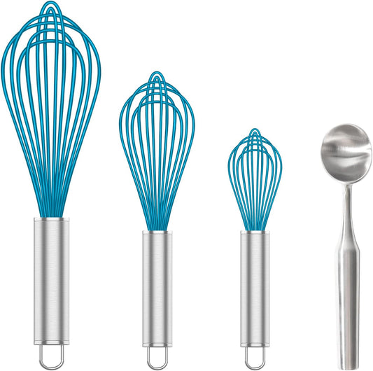 Silicone Whisk & Stainless Steel Ice Cream Scoop Set, Blue Silicone Whisk for Cooking & Heavy Duty Ice Cream V1258-DP02-C-656