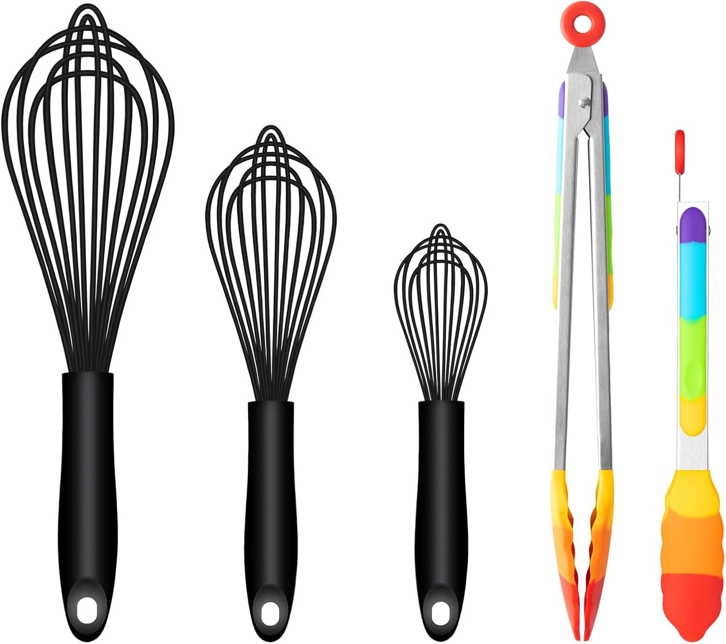 Silicone Whisk & Rainbow Tongs Set, Heat-Resistant Kitchen Tools for Cooking and Serving V1258-DP02-C-659