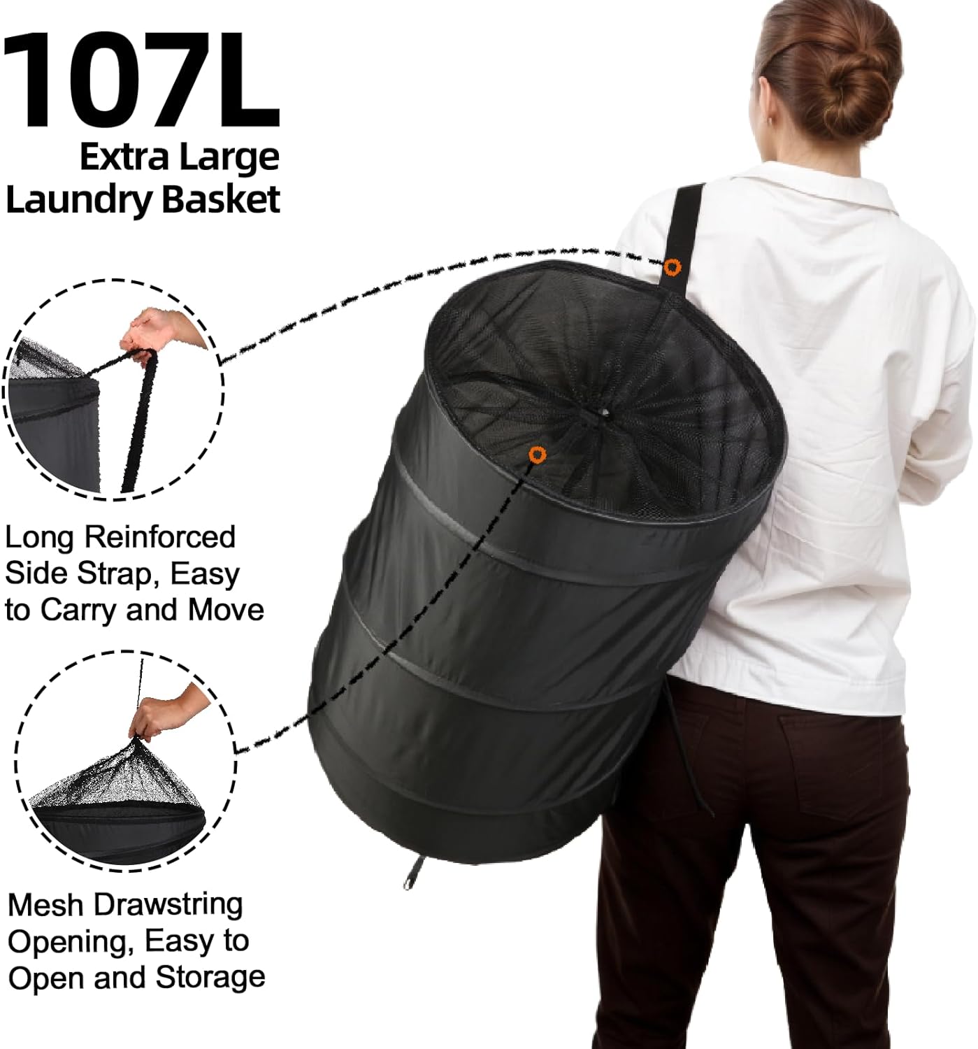Extra Large 107L Strong Laundry Hamper 17.5" x 27" Collapsible Laundry Baskets with Long Straps Drawstring V1258-DP02-C-665