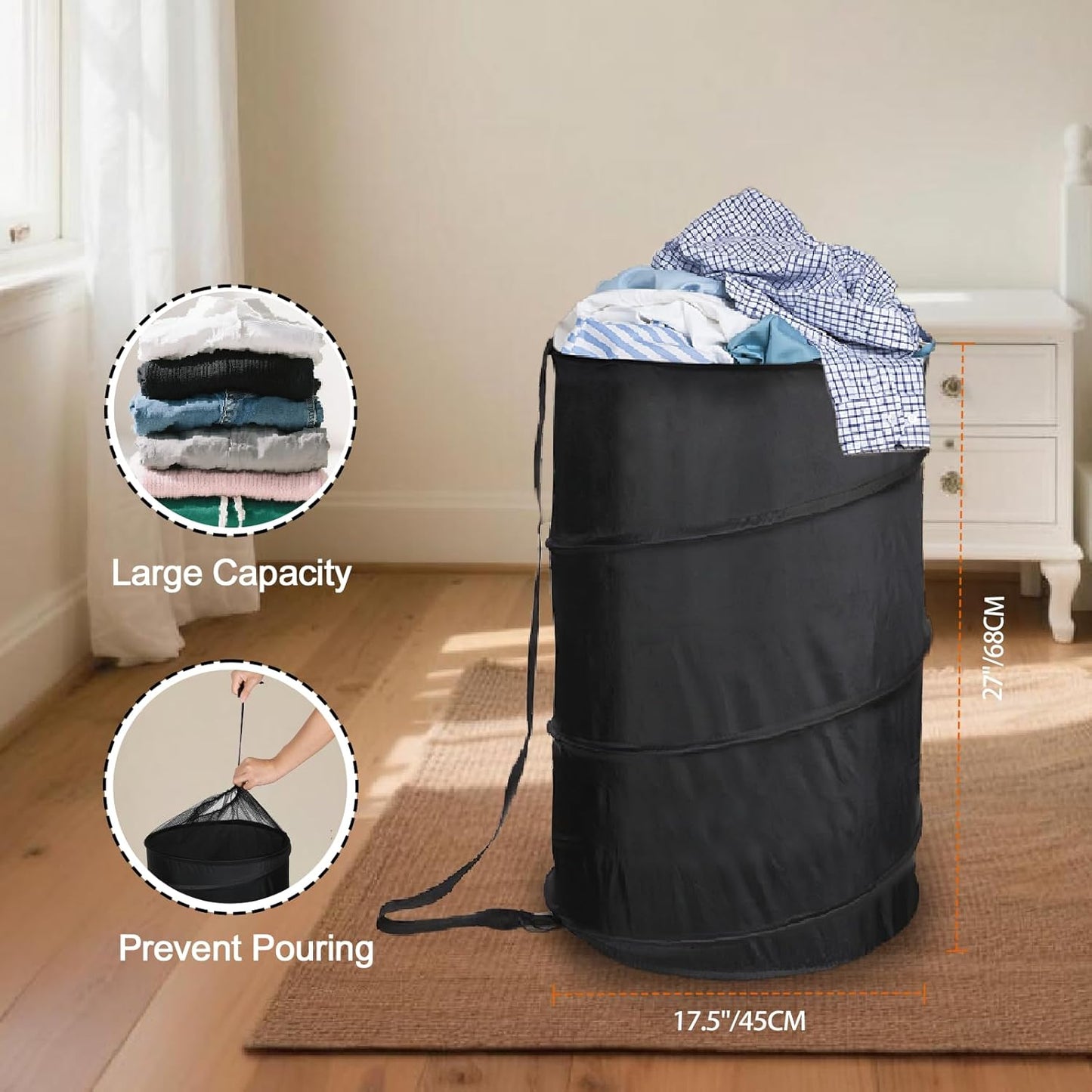 Extra Large 107L Strong Laundry Hamper 17.5" x 27" Collapsible Laundry Baskets with Long Straps Drawstring V1258-DP02-C-665