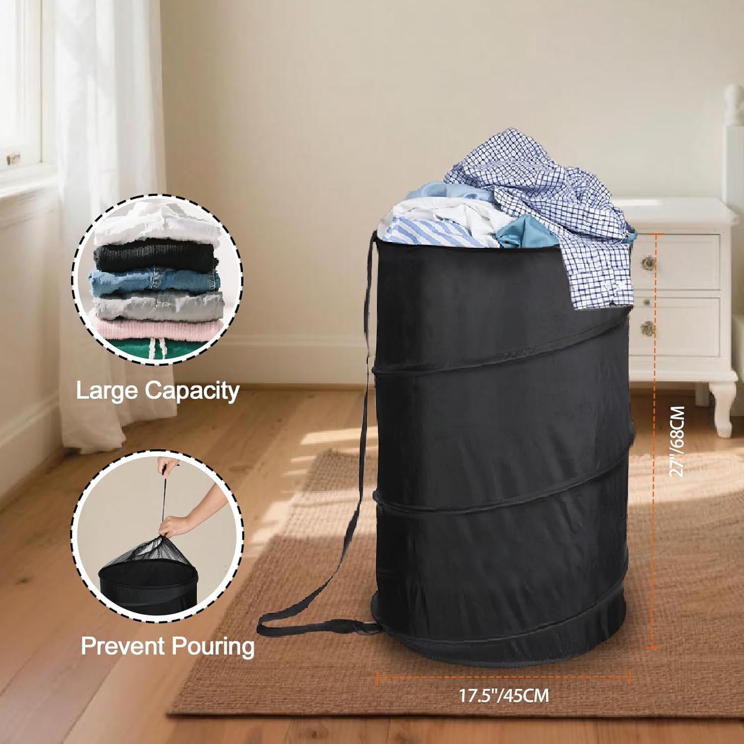 Extra Large 107L Strong Laundry Hamper 17.5" x 27" Collapsible Laundry Baskets with Long Straps Drawstring V1258-DP02-C-665