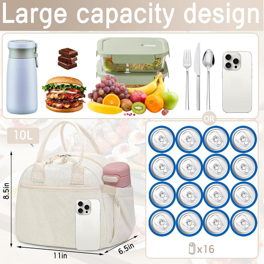 Lunch Box for Women, Insulated Lunch Bag Cute Corduroy Lunchbox Reusable Tote Bags for Work (beige corduroy) V1258-DP02-C-667
