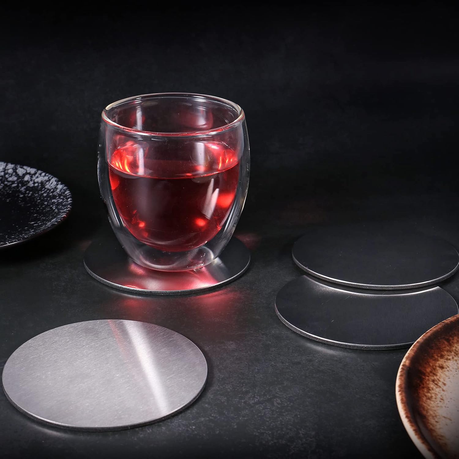 Cup Coasters, Cup Coasters Set with Decorative Rack, Stainless Steel Tabletop Display Round Cup Coaster with V1258-DP02-C-669