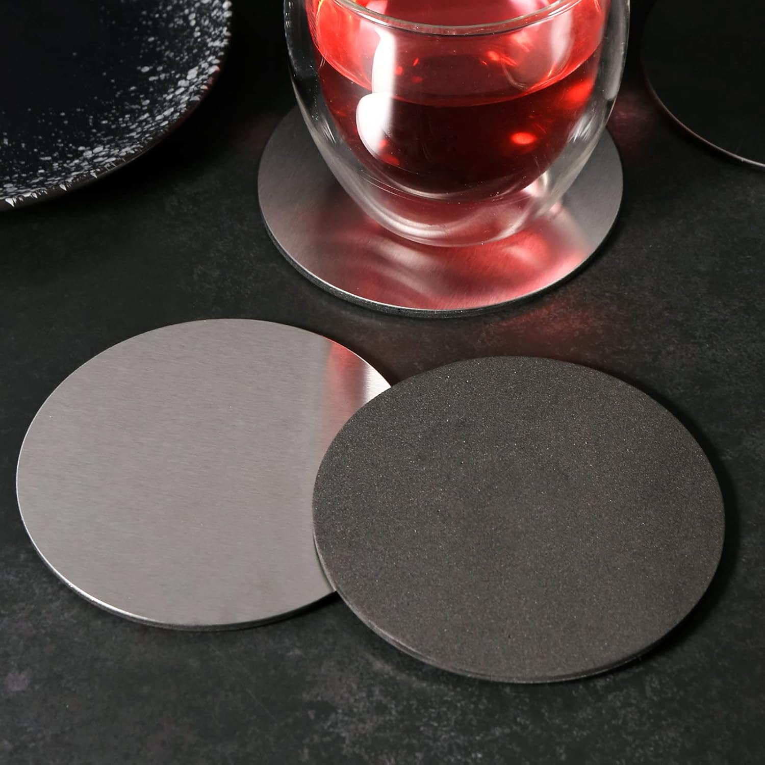 Cup Coasters, Cup Coasters Set with Decorative Rack, Stainless Steel Tabletop Display Round Cup Coaster with V1258-DP02-C-669