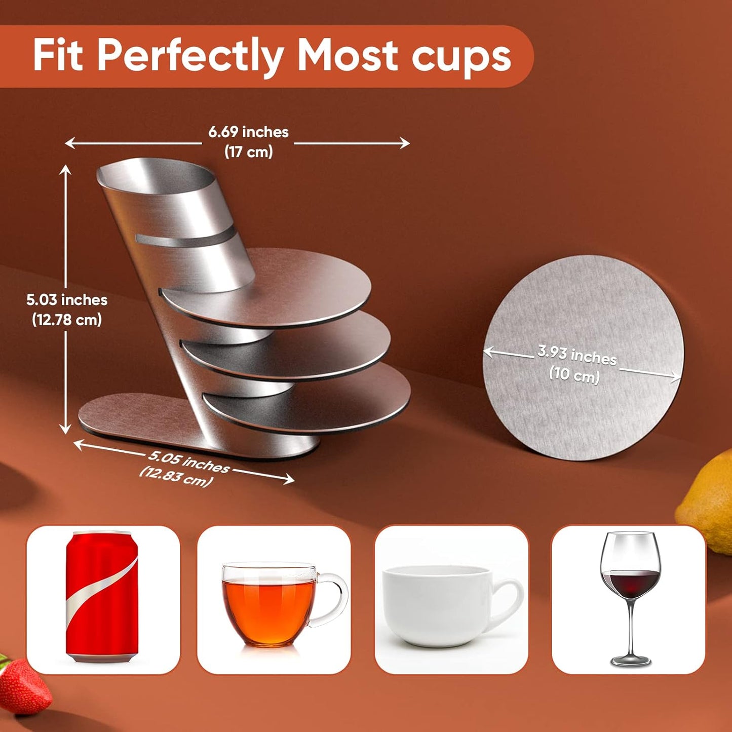 Cup Coasters, Cup Coasters Set with Decorative Rack, Stainless Steel Tabletop Display Round Cup Coaster with V1258-DP02-C-669