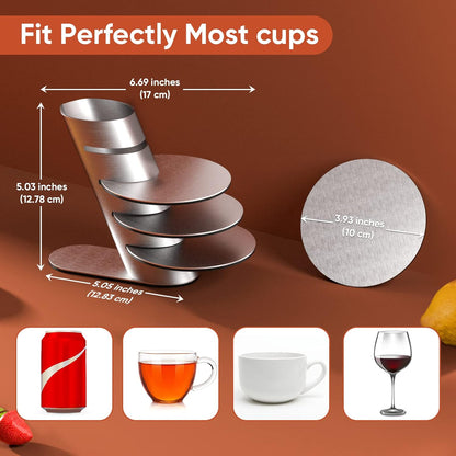 Cup Coasters, Cup Coasters Set with Decorative Rack, Stainless Steel Tabletop Display Round Cup Coaster with V1258-DP02-C-669