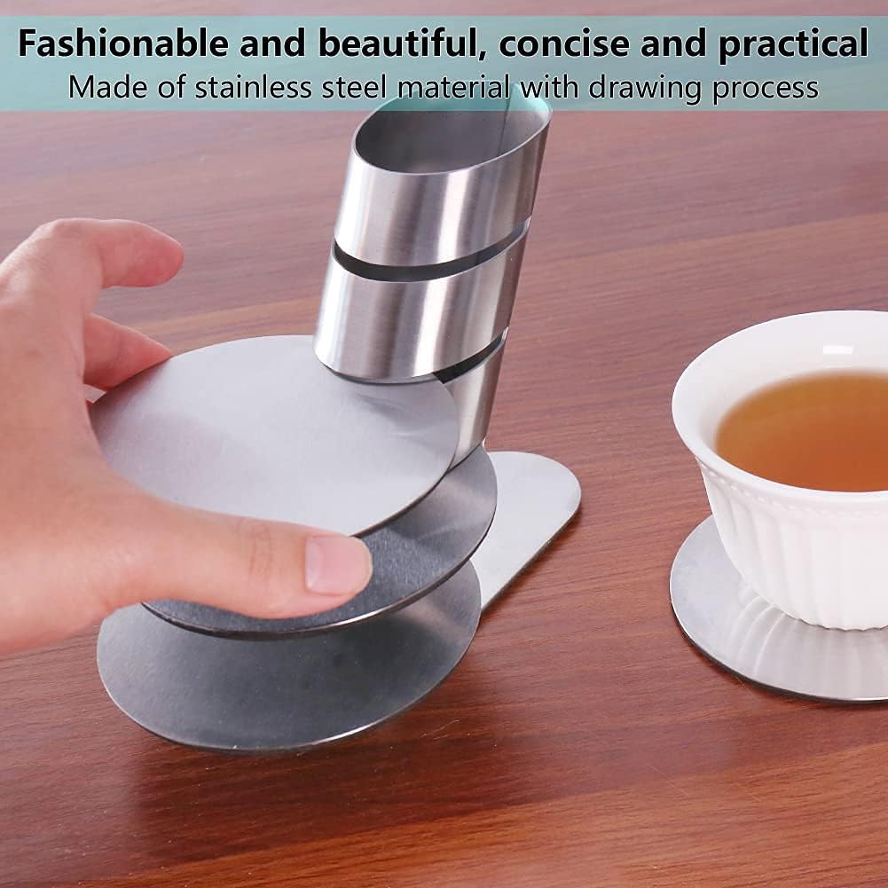 Cup Coasters, Cup Coasters Set with Decorative Rack, Stainless Steel Tabletop Display Round Cup Coaster with V1258-DP02-C-669
