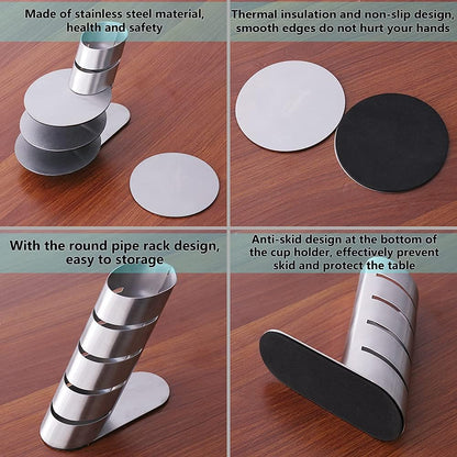 Cup Coasters, Cup Coasters Set with Decorative Rack, Stainless Steel Tabletop Display Round Cup Coaster with V1258-DP02-C-669