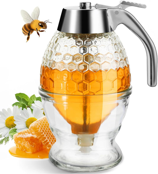 Honey Dispenser, Glass Honey Dispenser No Drip, Honey Pot with Stand, 8 oz Honey Jar, Maple Syrup Honey V1258-DP02-C-674