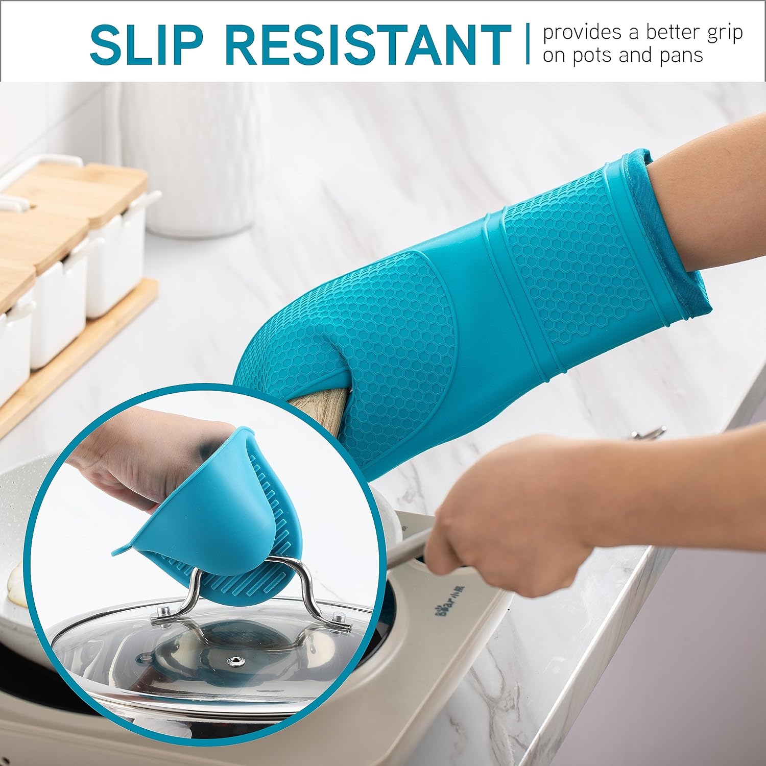 Silicone Oven Mitts- Heat Resistant Gloves with Soft Quilted Lining Oven Mitt Pot Holders for Cooking and V1258-DP02-C-677