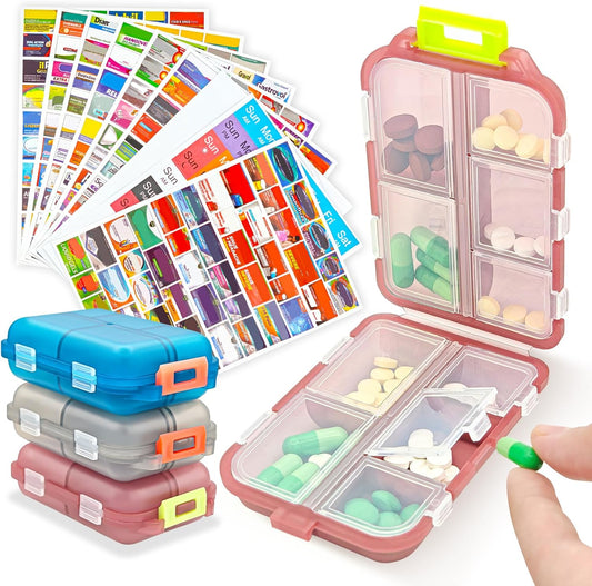 3Pcs Pill Organizer with Medicine Labels, 10 Compartments Travel Pill Box with Removable Labels, Portable V1258-DP02-C-686