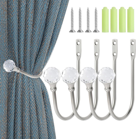 Curtain Holdbacks Silver Wall Mounted Curtain Holders Window Drapery Tiebacks with Clear Crystal Ball Quality V1258-DP02-C-688