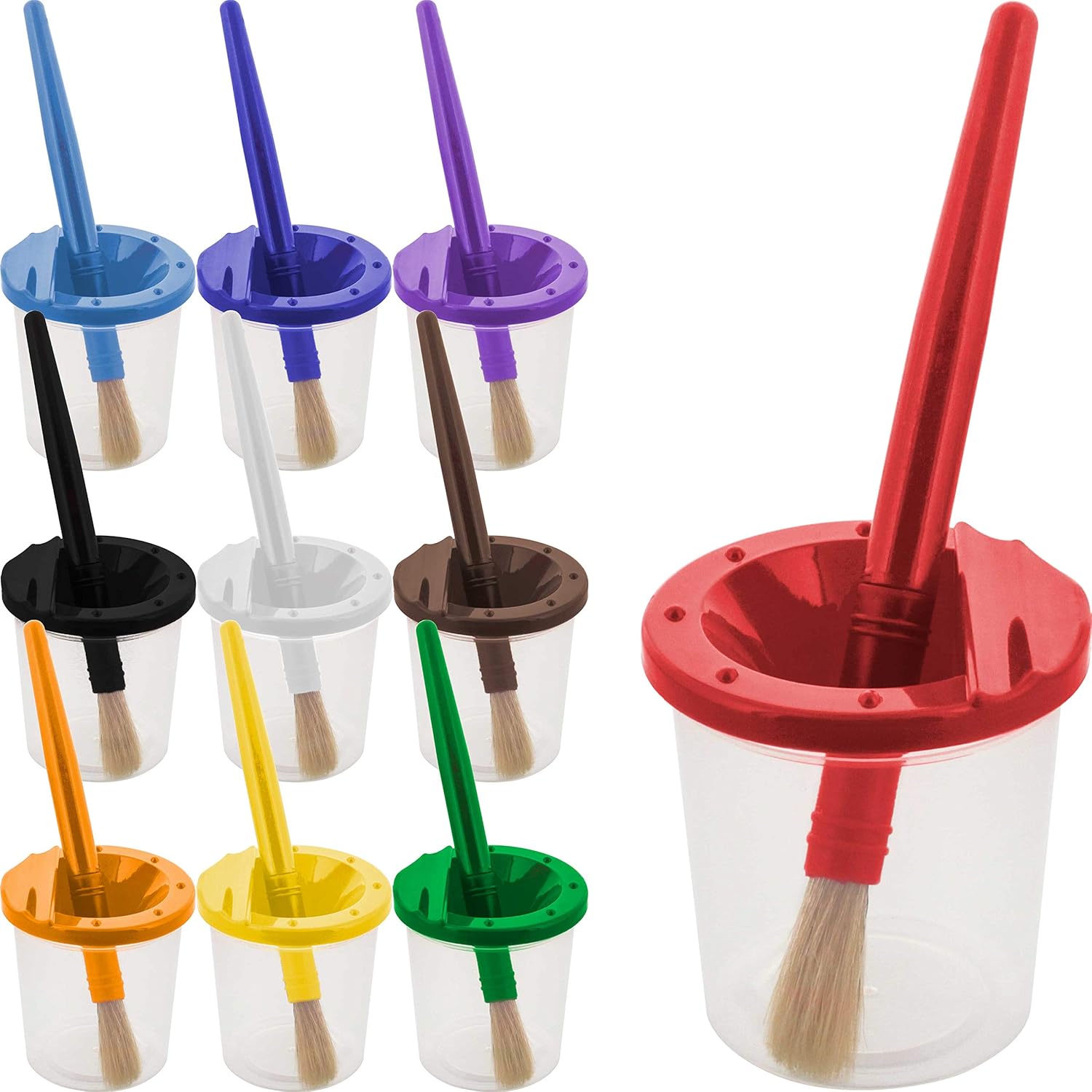 10 Piece Children's No Spill Paint Cups with Colored Lids and 10 Piece Large Round Brush Set with Plastic V1258-DP02-C-697
