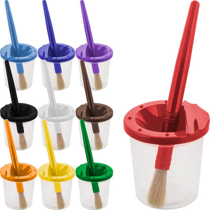 10 Piece Children's No Spill Paint Cups with Colored Lids and 10 Piece Large Round Brush Set with Plastic V1258-DP02-C-697