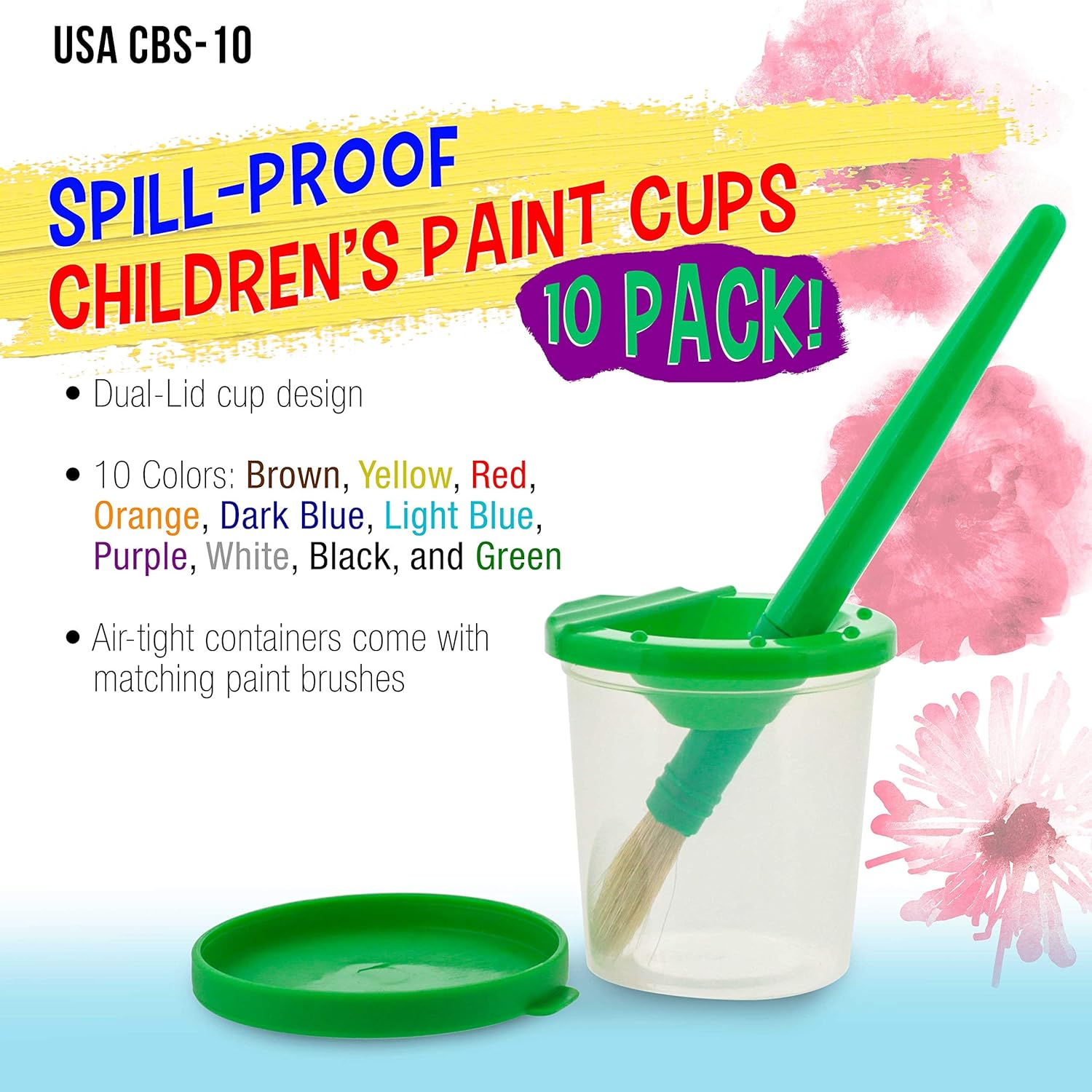 10 Piece Children's No Spill Paint Cups with Colored Lids and 10 Piece Large Round Brush Set with Plastic V1258-DP02-C-697