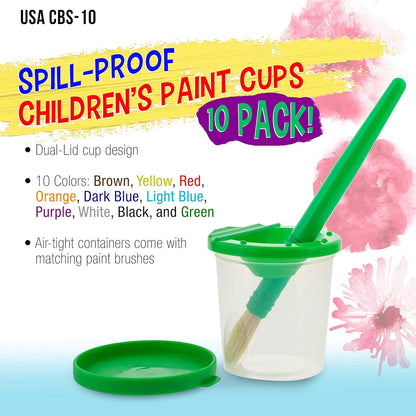 10 Piece Children's No Spill Paint Cups with Colored Lids and 10 Piece Large Round Brush Set with Plastic V1258-DP02-C-697