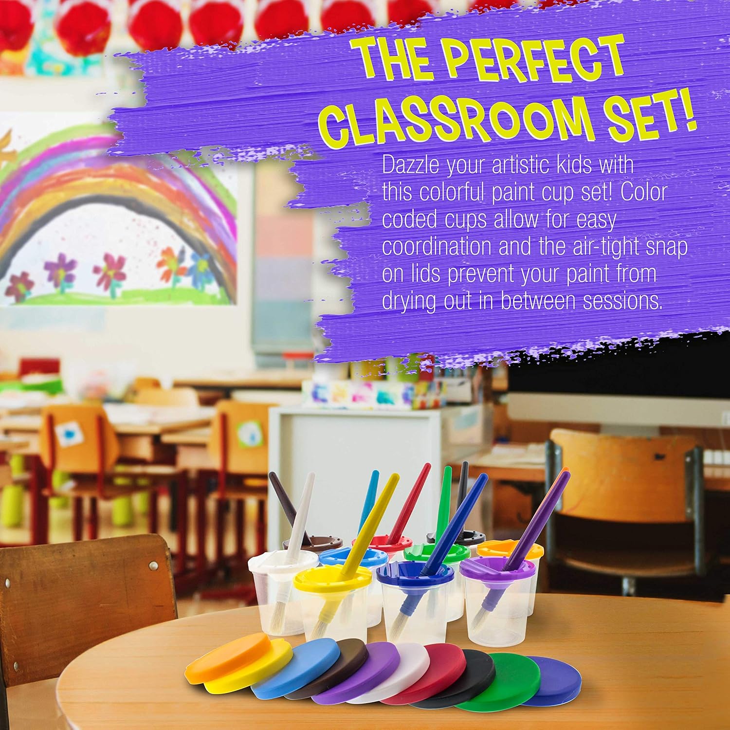10 Piece Children's No Spill Paint Cups with Colored Lids and 10 Piece Large Round Brush Set with Plastic V1258-DP02-C-697