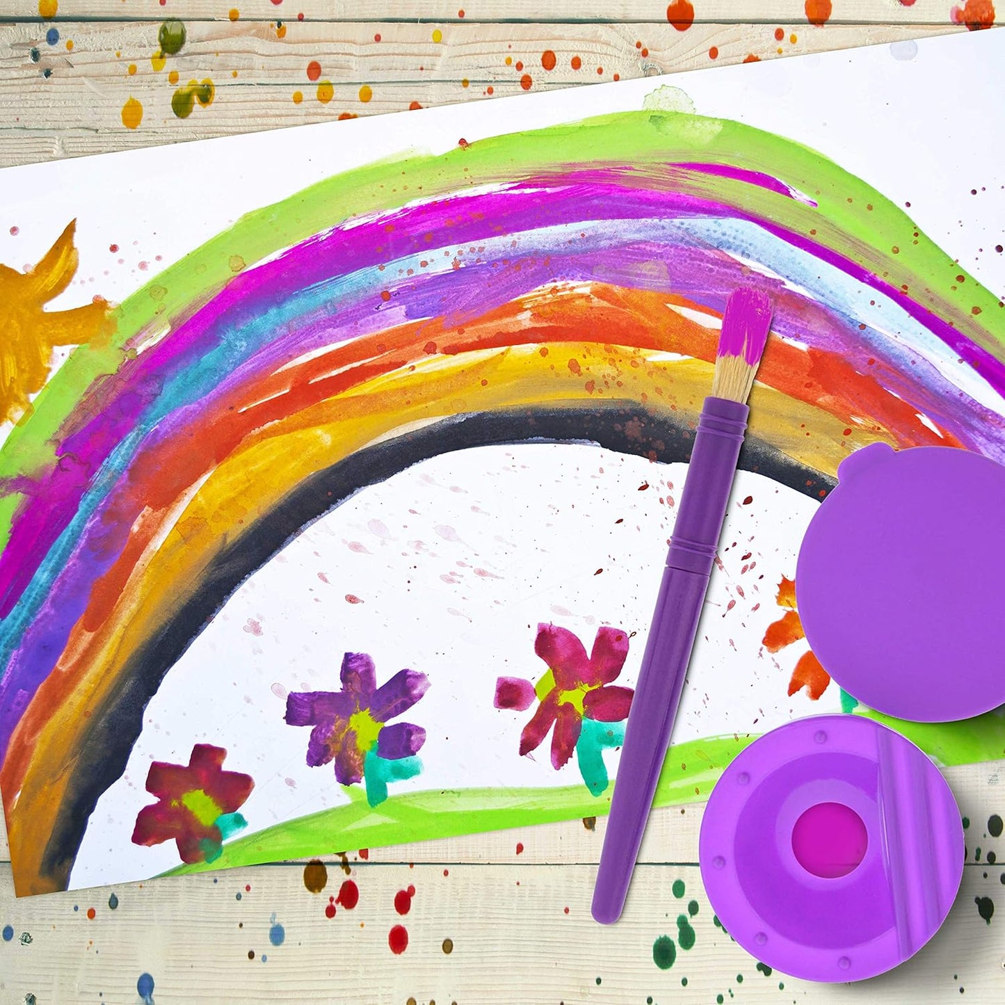 10 Piece Children's No Spill Paint Cups with Colored Lids and 10 Piece Large Round Brush Set with Plastic V1258-DP02-C-697