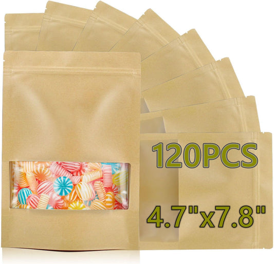 120pcs 4.7"x7.8" Kraft Bags with Window Zipper Lock Stand Up Bulk Pouches Resealable Bags, Smell Proof Mylar V1258-DP02-C-710