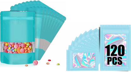 120pcs Mylar Bags for Food Storage+120pcs Holographic Packaging Bags(blue) V1258-DP02-C-714