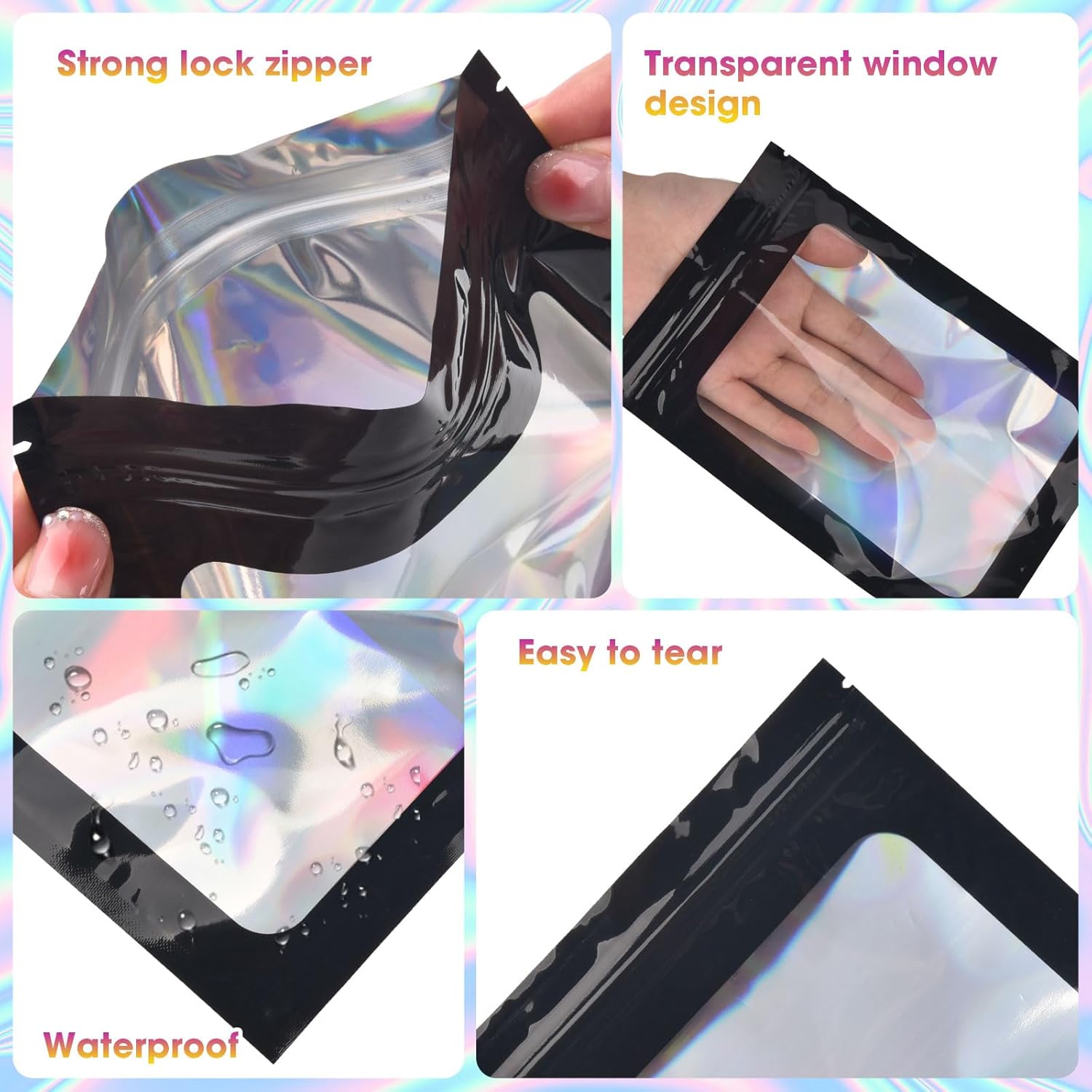 120pcs Mylar Bags for Food Storage+120pcs Holographic Packaging Bags V1258-DP02-C-716