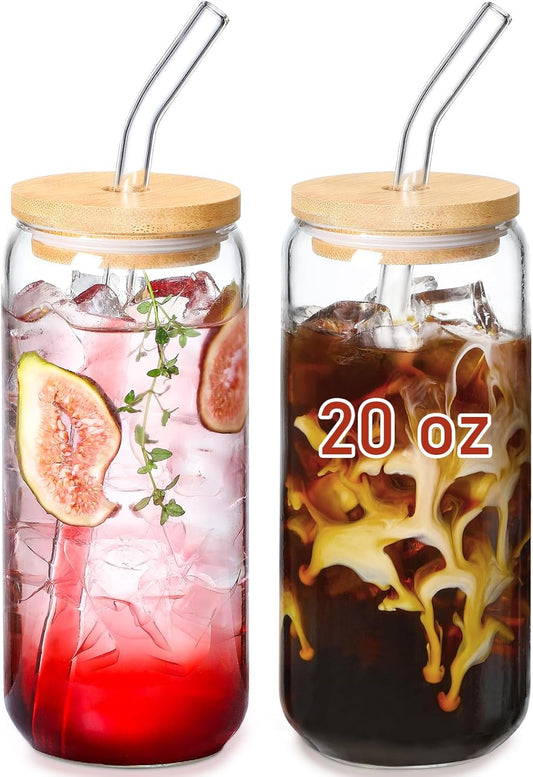 20 OZ Glass Cups with Bamboo Lids and Glass Straw - Beer Shaped Drinking Glasses Set, Iced Coffee Glasses, V1258-DP02-C-718