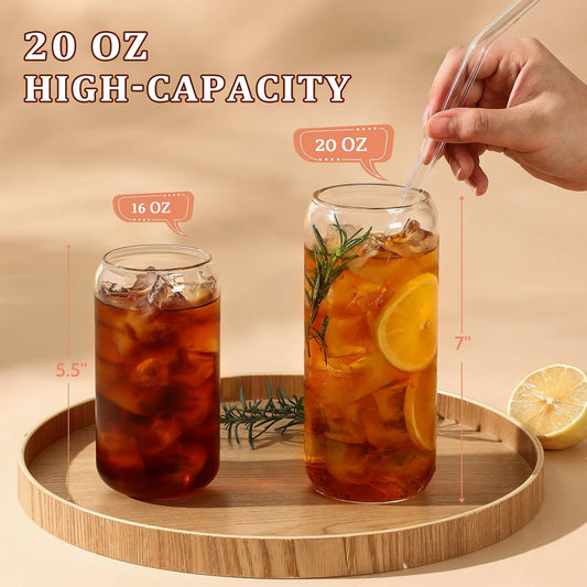 20 OZ Glass Cups with Bamboo Lids and Glass Straw - Beer Shaped Drinking Glasses Set, Iced Coffee Glasses, V1258-DP02-C-718