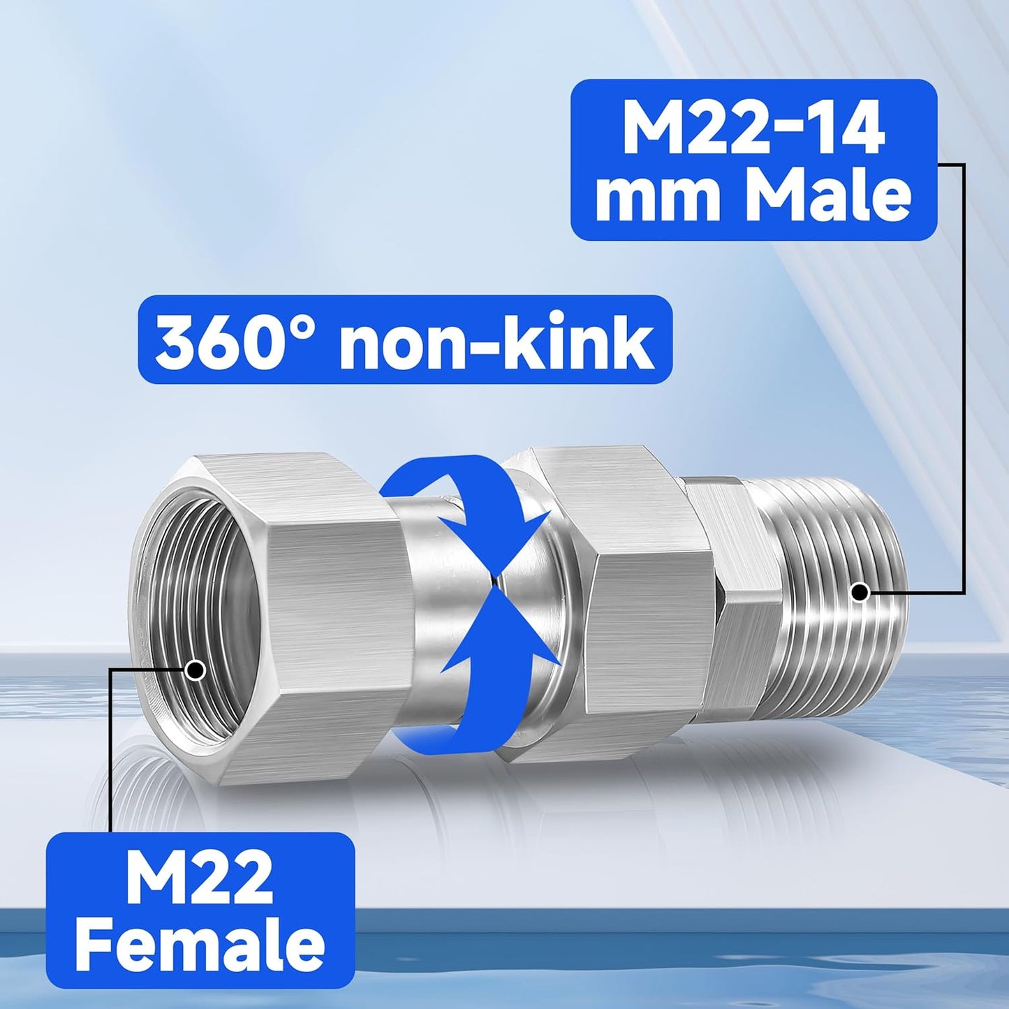 Pressure Washer Swivel Fitting, Metric M22 14mm Thread, Stainless Steel, 4500 PSI, 2 Pcs V1258-DP02-C-724