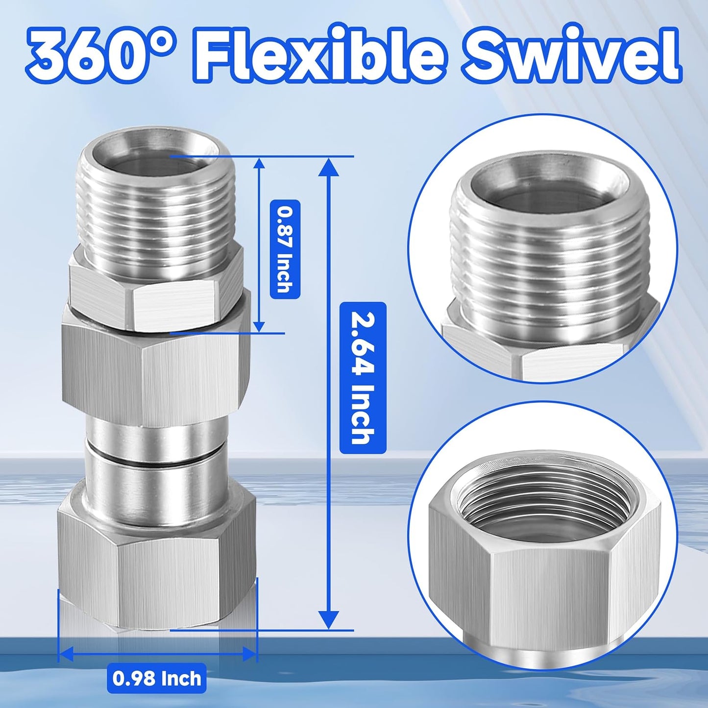 Pressure Washer Swivel Fitting, Metric M22 14mm Thread, Stainless Steel, 4500 PSI, 2 Pcs V1258-DP02-C-724