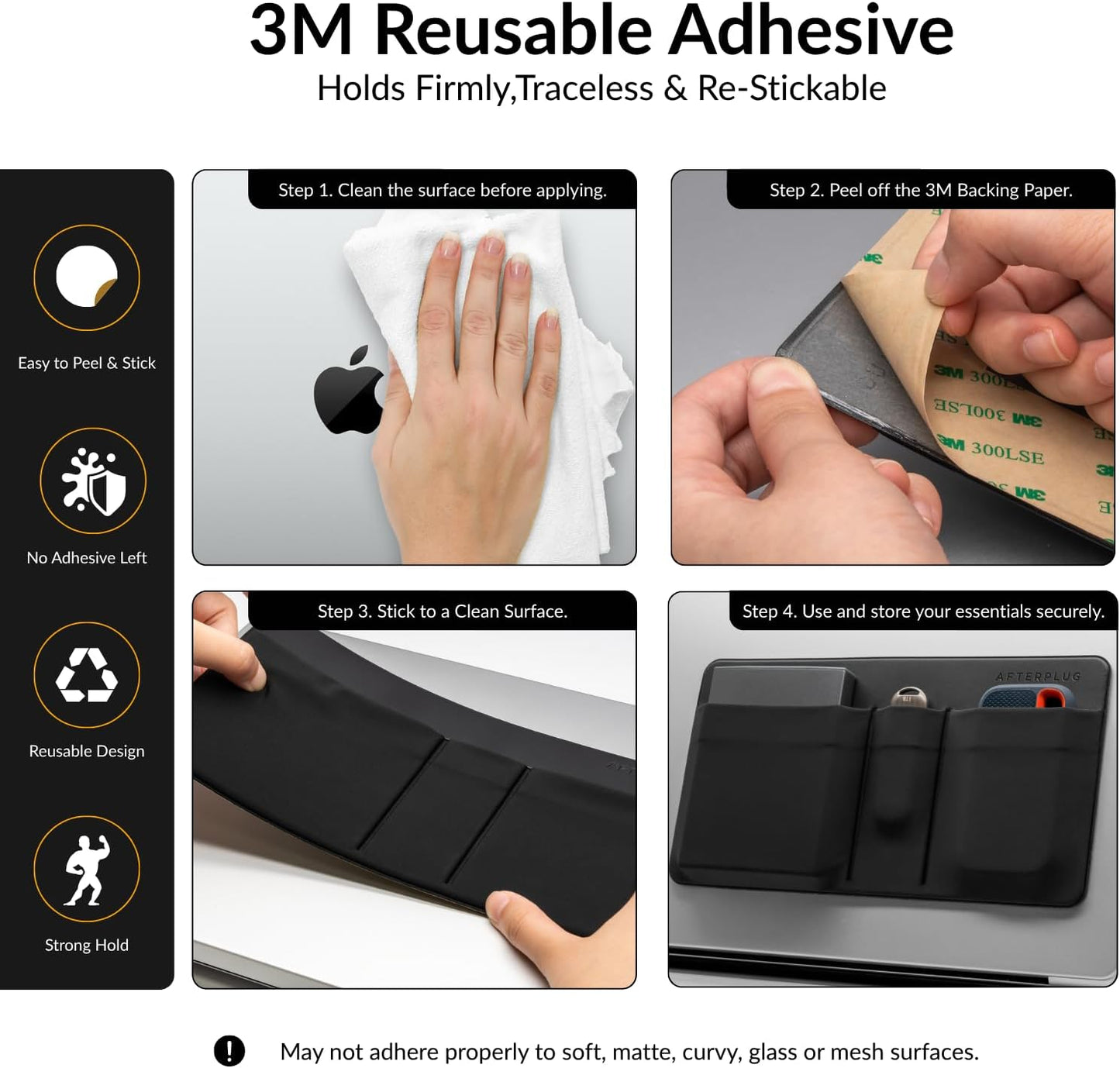 3-Pocket Storage Pouch, Adhesive Laptop Accessory Organizer, for Portable HDD, SSD, USB Drive, Mouse, Cables V1258-DP02-C-743