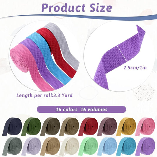 Vin Beauty 16 Rolls Cotton Webbing Strap 1 Inch Wide 3.3 Yard Polyester Webbing Straps for Bag Making V1258-DP02-C-747