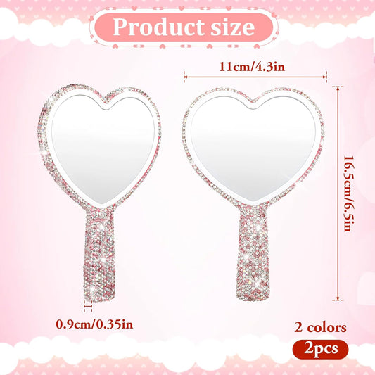 Vin Beauty 2 Pcs Rhinestone Heart Handheld Mirror White and Pink Bling Heart Shape Mirror Portable Cute V1258-DP02-C-749