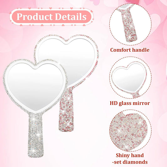 Vin Beauty 2 Pcs Rhinestone Heart Handheld Mirror White and Pink Bling Heart Shape Mirror Portable Cute V1258-DP02-C-749