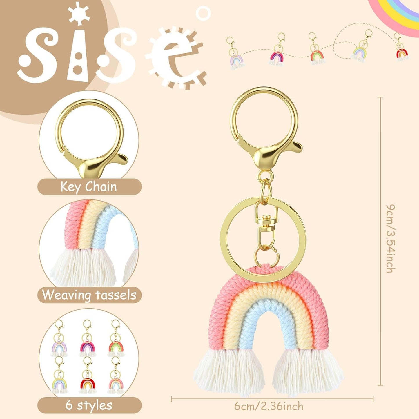 Landhoow 6 Pcs Boho Rainbow Keychains Bulk Women Macrame Rainbow Key Chains Mini Tassel Keychains Car V1258-DP02-C-753