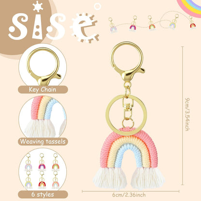 Landhoow 6 Pcs Boho Rainbow Keychains Bulk Women Macrame Rainbow Key Chains Mini Tassel Keychains Car V1258-DP02-C-753