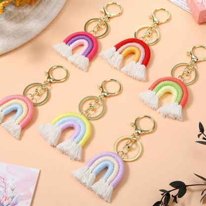 Landhoow 6 Pcs Boho Rainbow Keychains Bulk Women Macrame Rainbow Key Chains Mini Tassel Keychains Car V1258-DP02-C-753