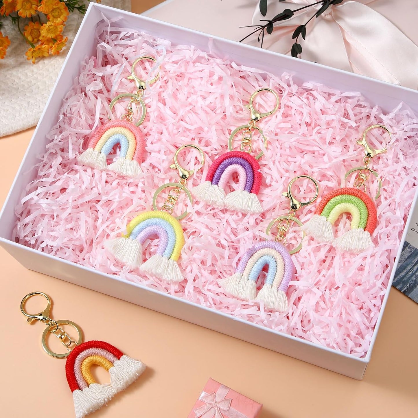 Landhoow 6 Pcs Boho Rainbow Keychains Bulk Women Macrame Rainbow Key Chains Mini Tassel Keychains Car V1258-DP02-C-753