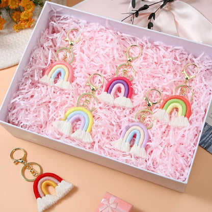 Landhoow 6 Pcs Boho Rainbow Keychains Bulk Women Macrame Rainbow Key Chains Mini Tassel Keychains Car V1258-DP02-C-753