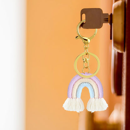 Landhoow 6 Pcs Boho Rainbow Keychains Bulk Women Macrame Rainbow Key Chains Mini Tassel Keychains Car V1258-DP02-C-753